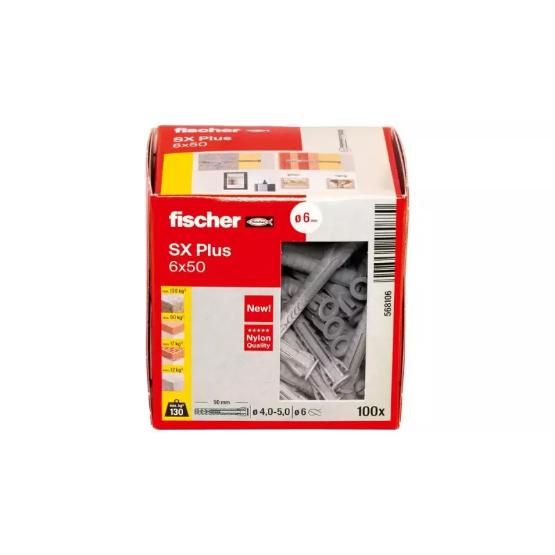 Fischer 568106 plėtimosi kaištis nailoninis 6 mm x 50 mm, 100 vnt. dėžutėje