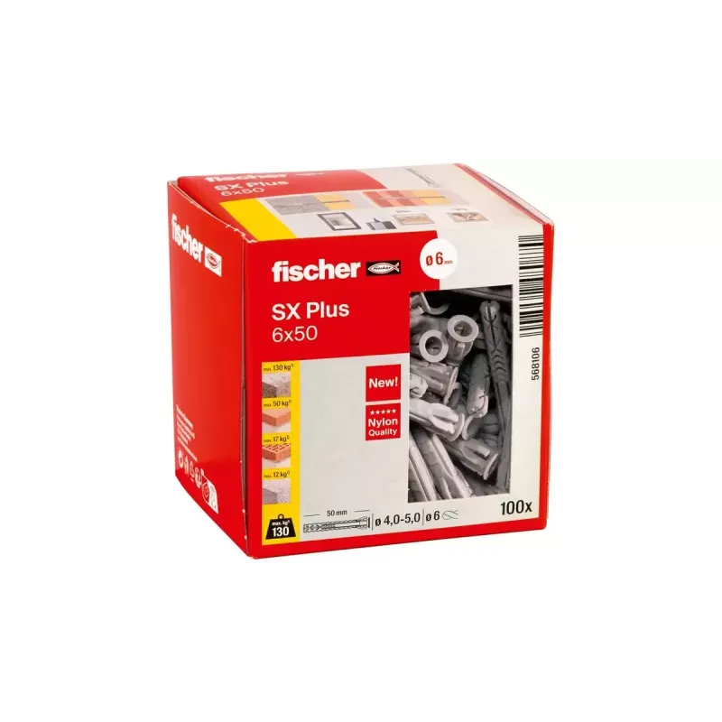 Fischer 568106 plėtimosi kaištis nailoninis 6 mm x 50 mm, 100 vnt. dėžutėje