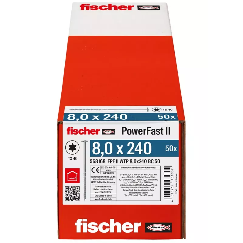 Fischer PowerFast II varžtas medienai 8,0x240 mm TX TG flanšinė galvutė, 50 vnt.