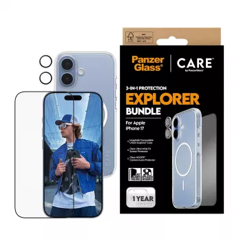 PanzerGlass CARE 3-in-1 Flagship Explorer Bundle iPhone 17 apsauginis rinkinys nuo įbrėžimų ir smūgių