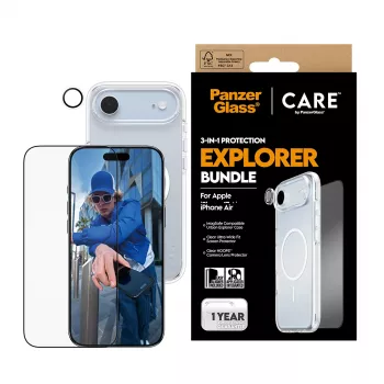 Apsauginis rinkinys PanzerGlass 3‑in‑1 Explorer Set CR66372, skirtas iPhone 17 Air (grūdintas stiklas, objektyvo apsauga, valymo įrankiai)
