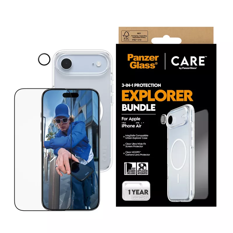 Apsauginis rinkinys PanzerGlass 3‑in‑1 Explorer Set CR66372, skirtas iPhone 17 Air (grūdintas stiklas, objektyvo apsauga, valymo įrankiai)