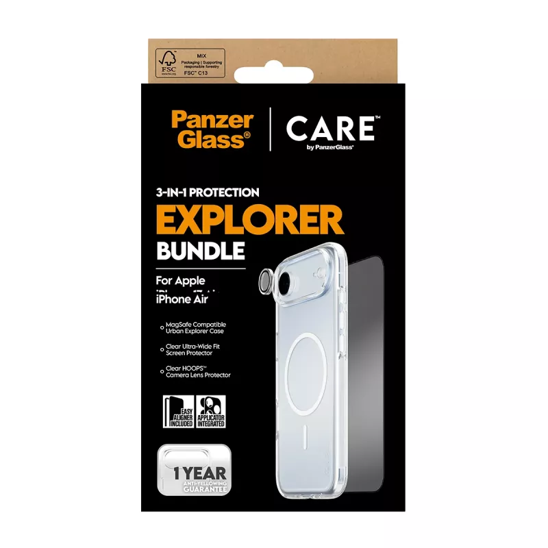 Apsauginis rinkinys PanzerGlass 3‑in‑1 Explorer Set CR66372, skirtas iPhone 17 Air (grūdintas stiklas, objektyvo apsauga, valymo įrankiai)