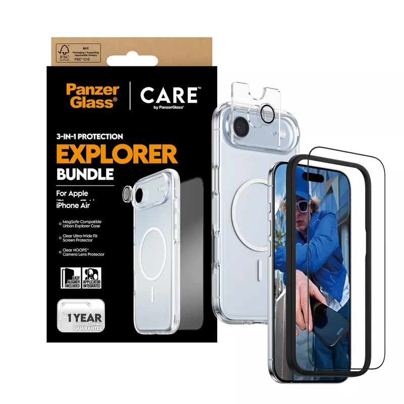 Apsauginis rinkinys PanzerGlass 3‑in‑1 Explorer Set CR66372, skirtas iPhone 17 Air (grūdintas stiklas, objektyvo apsauga, valymo įrankiai)