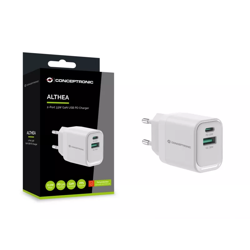 Conceptronic ALTHEA19W33 2-Port 33W GaN USB PD įkroviklis, USB-C x 1, USB-A x 1, QC 3.0, PPS, PD 3.0
