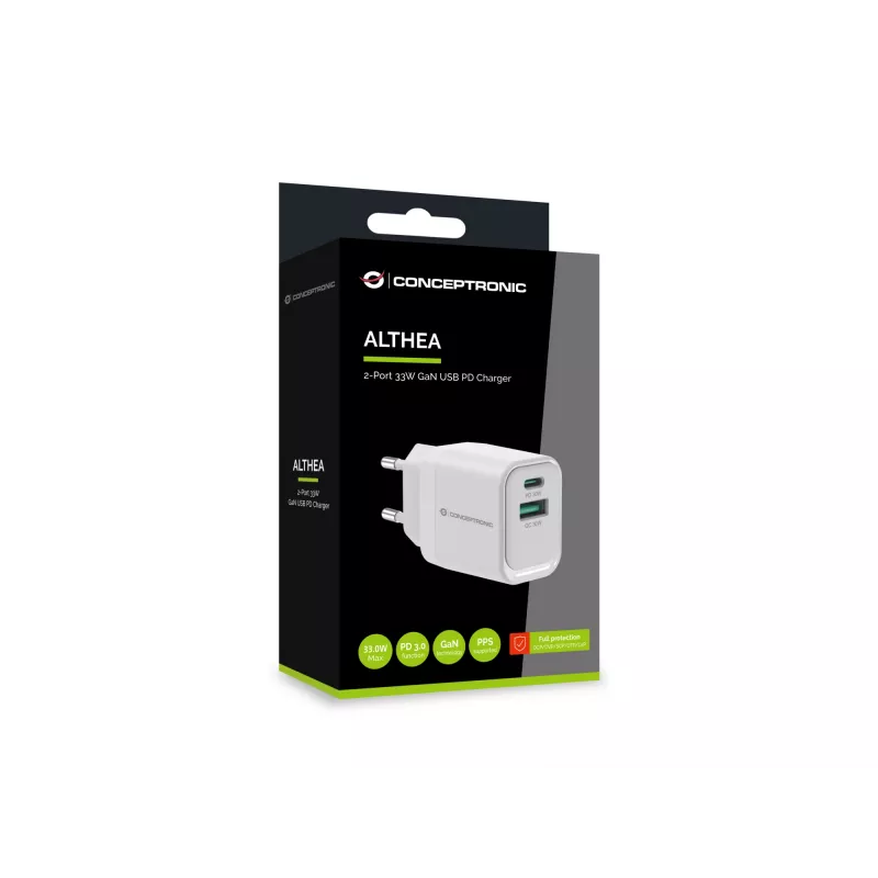 Conceptronic ALTHEA19W33 2-Port 33W GaN USB PD įkroviklis, USB-C x 1, USB-A x 1, QC 3.0, PPS, PD 3.0