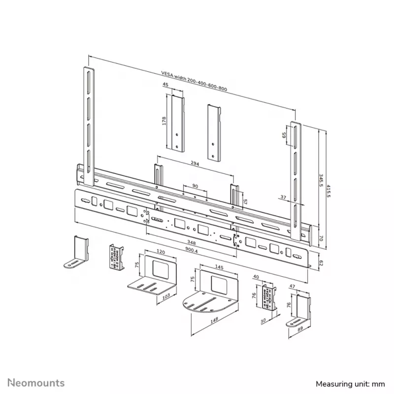 Neomounts AV30-500BL laikiklis videobarui, 43–110 colių, VESA iki 600×400, max 10 kg, plotis 900 mm