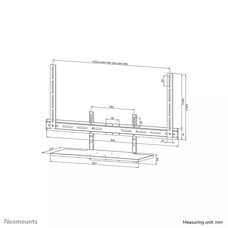 Lentynos komplektas klaviatūrai Neomounts AV40-500BL, 43–110 colių ekranams, VESA iki 600x400, max apkrova 2,5 kg, 900×279×640 mm