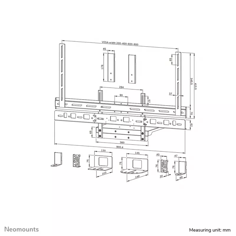 Neomounts AV60-500BL Lentyna vaizdo juostai ir nešiojamam kompiuteriui, 43–110 colių ekranams, VESA iki 600x400, maks. apkrova 8 kg, plotis 900 mm