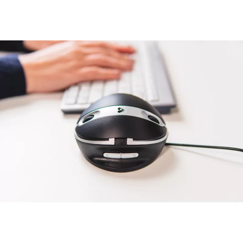 BakkerElkhuizen Oyster Wired pelė, ambidekstrinė, vertikalaus dizaino, lazerinė, USB-A, 1200 DPI, juoda, sidabrinė