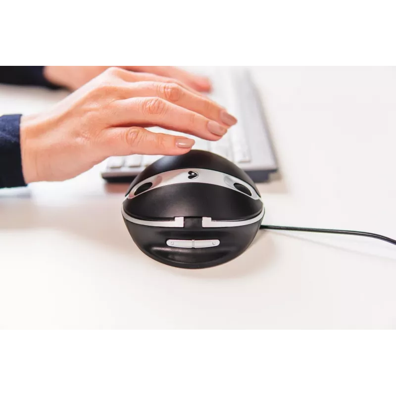 BakkerElkhuizen Oyster Wired pelė, ambidekstrinė, vertikalaus dizaino, lazerinė, USB-A, 1200 DPI, juoda, sidabrinė