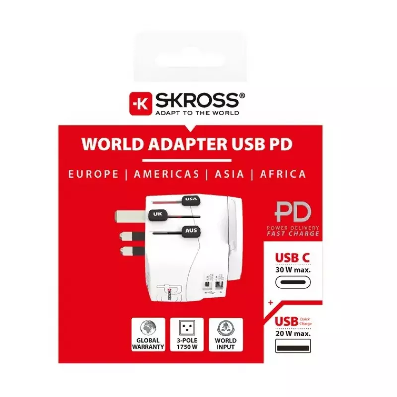 Skross Pro Light USB AC30PD World – baltas kelioninis adapteris