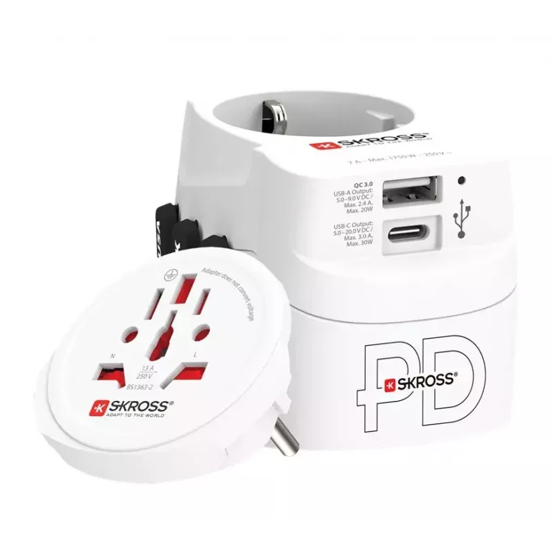 Skross Pro Light USB AC30PD World – baltas kelioninis adapteris