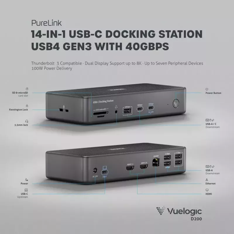Dokavimo stotelė nešiojamam kompiuteriui PureLink VL-D200 pilka laidinė USB maitinimo tiekimas HDMI 2.0