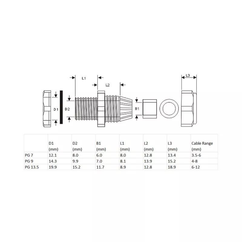 Kabelio įvadas InLine 44012B nailoninis IP68 kabeliams Ø6–12 mm, juodas, pakuotė po 10 vnt.