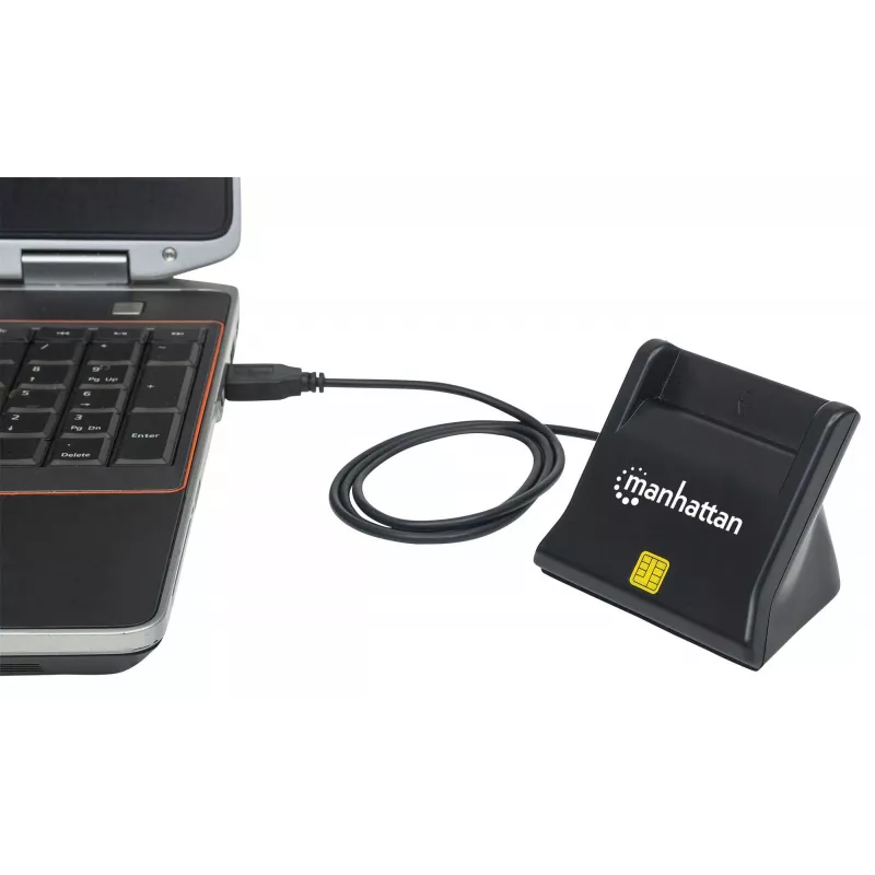 Manhattan USB-A Smart/SIM kortelių skaitytuvas, 480 Mbps (USB 2.0), stalinis vertikalus, trinties tipo, 86 cm laidas, juodas, 3 metų garantija