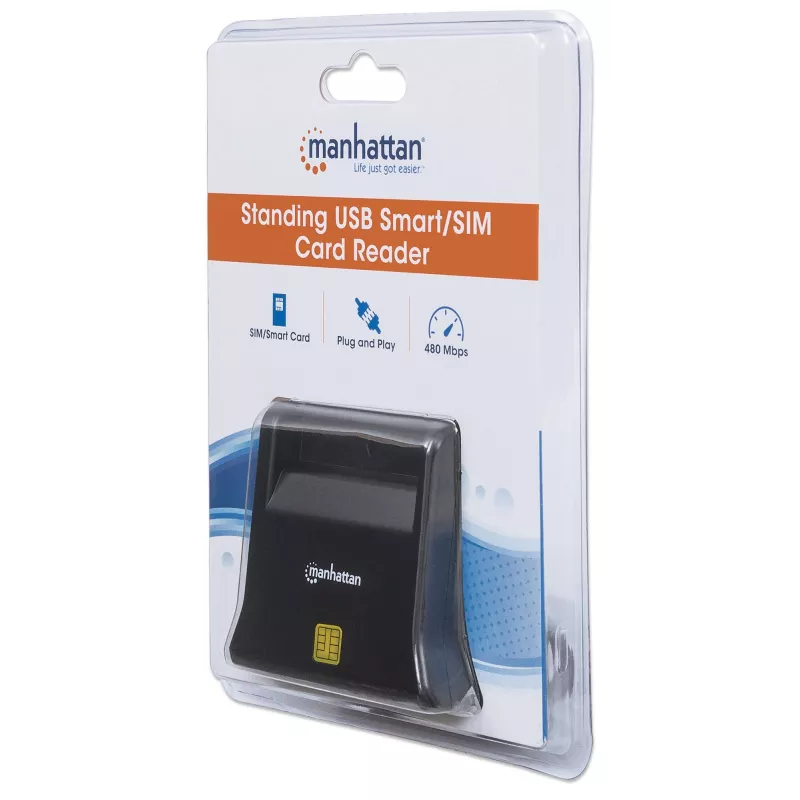Manhattan USB-A Smart/SIM kortelių skaitytuvas, 480 Mbps (USB 2.0), stalinis vertikalus, trinties tipo, 86 cm laidas, juodas, 3 metų garantija