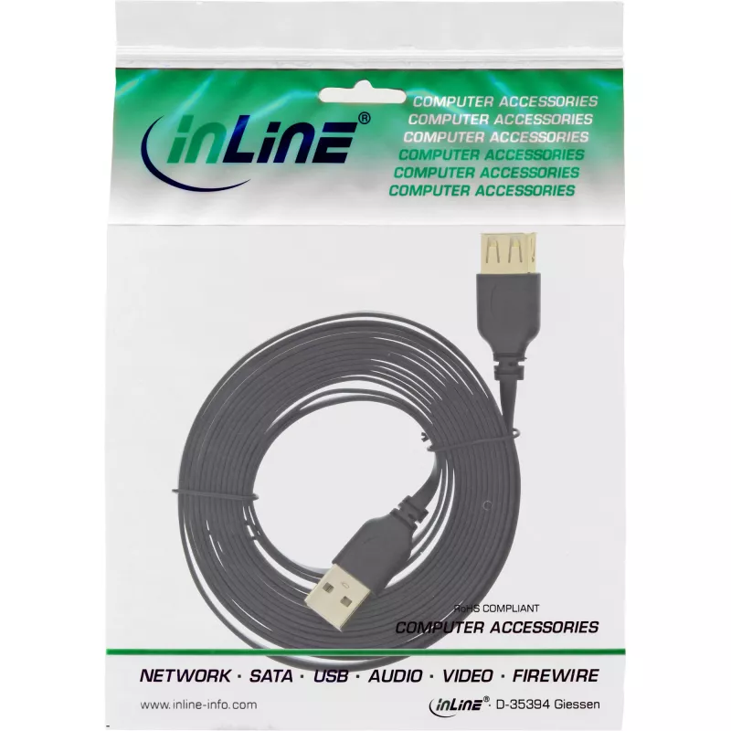 InLine USB 2.0 plokščias ilginimo kabelis, A tipo kištukas / lizdas, auksuoti kontaktai, juodas, 0,5 m