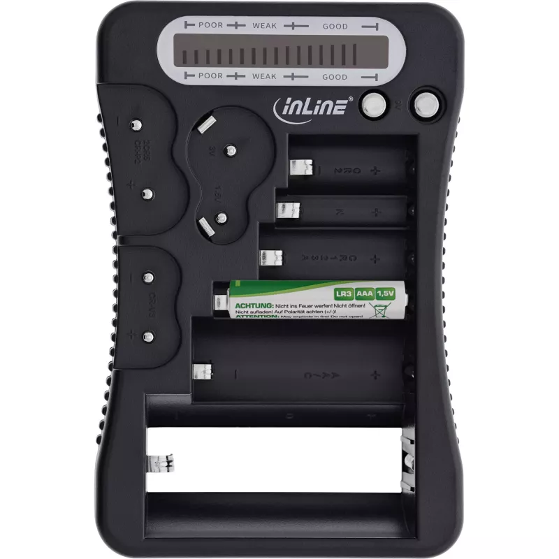 Baterijų testeris InLine 01285 su LCD ekranu apvalioms ir monetinėms baterijoms