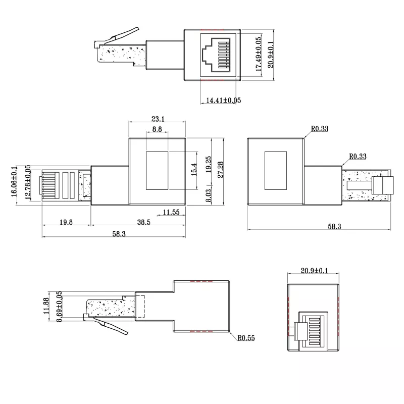 InLine adapteris patch laidui Cat.6A, RJ45 kištukas / lizdas, 90° į dešinę
