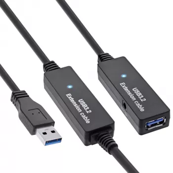 InLine USB3.2 Gen.1 aktyvus kartotuvinis kabelis Type A kištukas / lizdas, juodas, 10 m