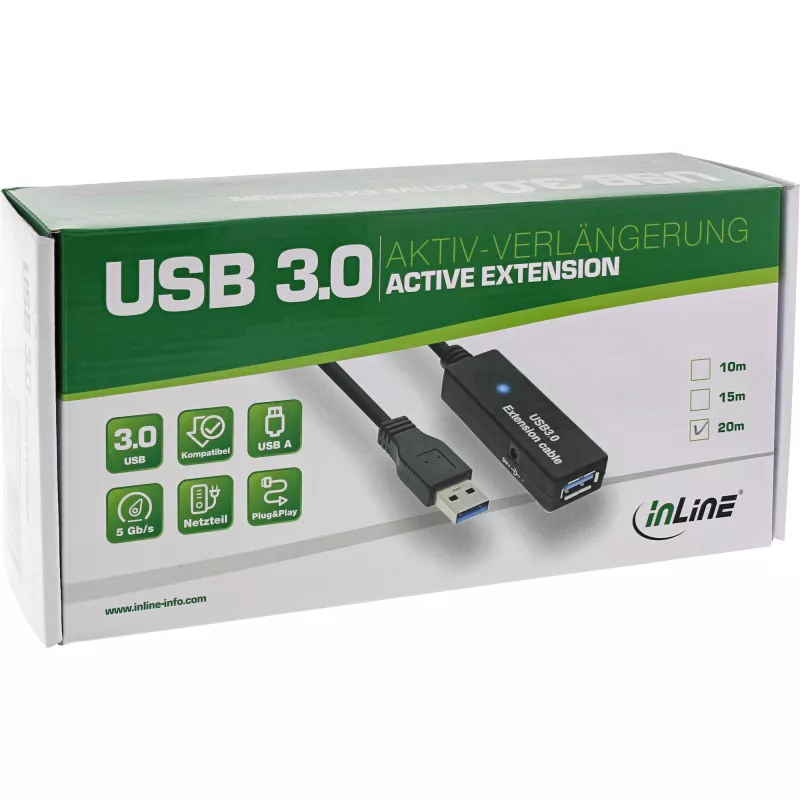 InLine USB3.2 Gen.1 aktyvus kartotuvinis kabelis Type A kištukas / lizdas, juodas, 10 m