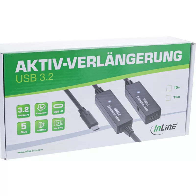 InLine USB 3.2 Gen.1 aktyvus prailgintuvas, USB-C kištukas į USB-C lizdą, 10 m