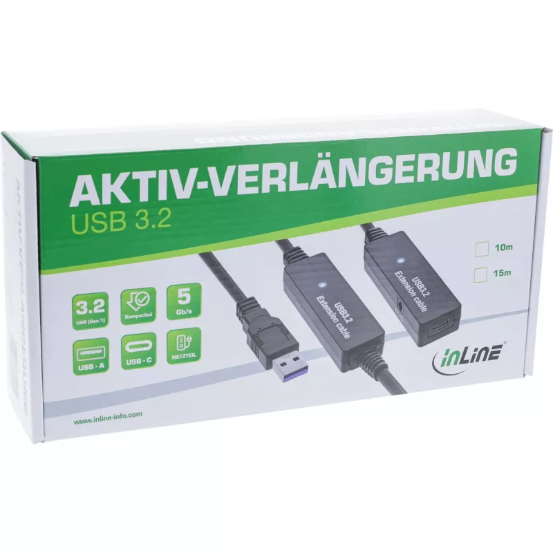 InLine USB 3.2 Gen.1 aktyvus ilgintuvas, USB-A kištukas į USB-C lizdą, 10 m