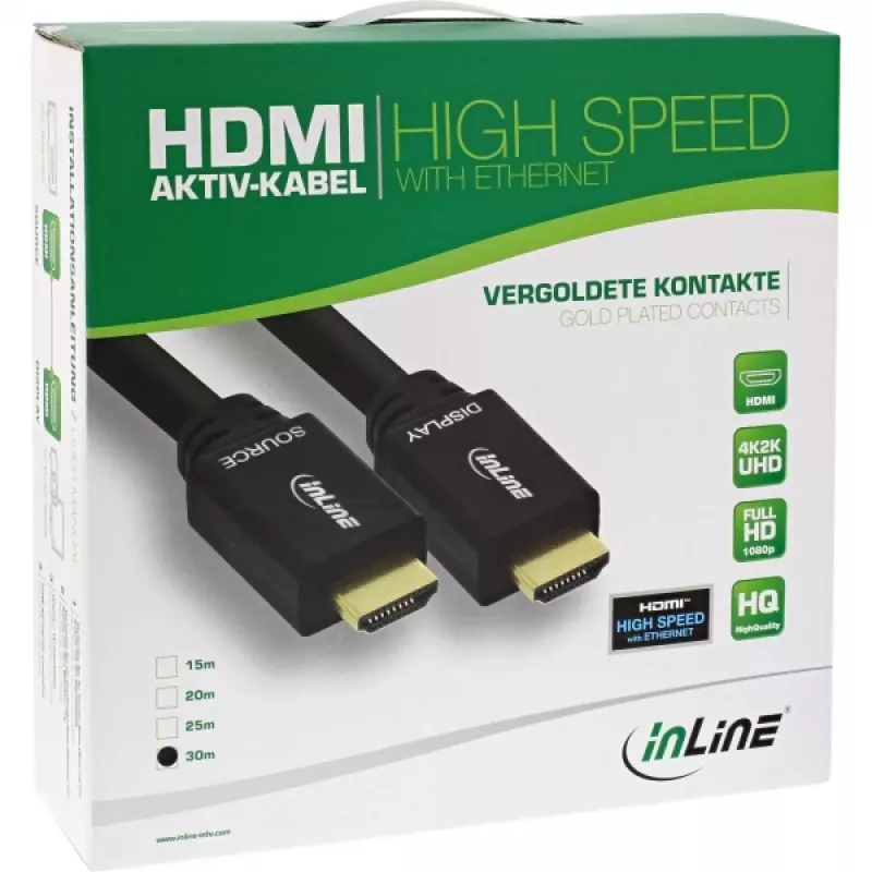InLine aktyvus HDMI kabelis High Speed su Ethernet, M/M, juodas, auksuoti kontaktai, 30m