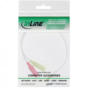 InLine 99302W adapterinis laidas ausinėms su mikrofonu, 3,5 mm 4 kontaktų / 2× 3,5 mm, baltas, 0,15 m