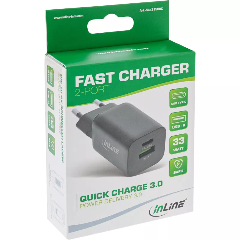 InLine USB maitinimo šaltinis, įkroviklis, USB-A + USB Type-C, 33W, PD + QC