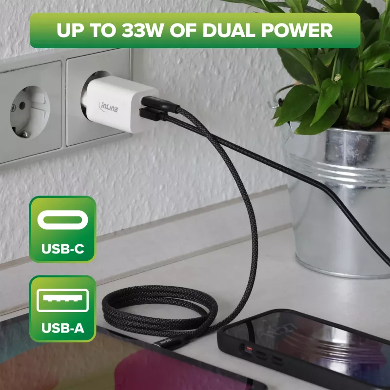 InLine USB maitinimo šaltinis, įkroviklis, USB-A + USB Type-C, 33W, PD + QC