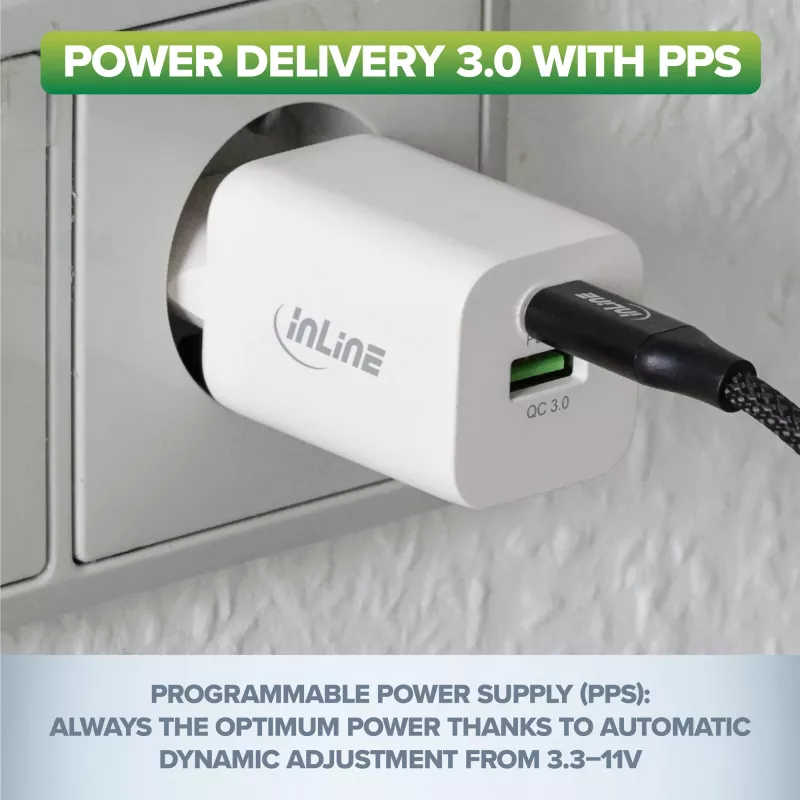 InLine USB maitinimo šaltinis, įkroviklis, USB-A + USB Type-C, 33W, PD + QC