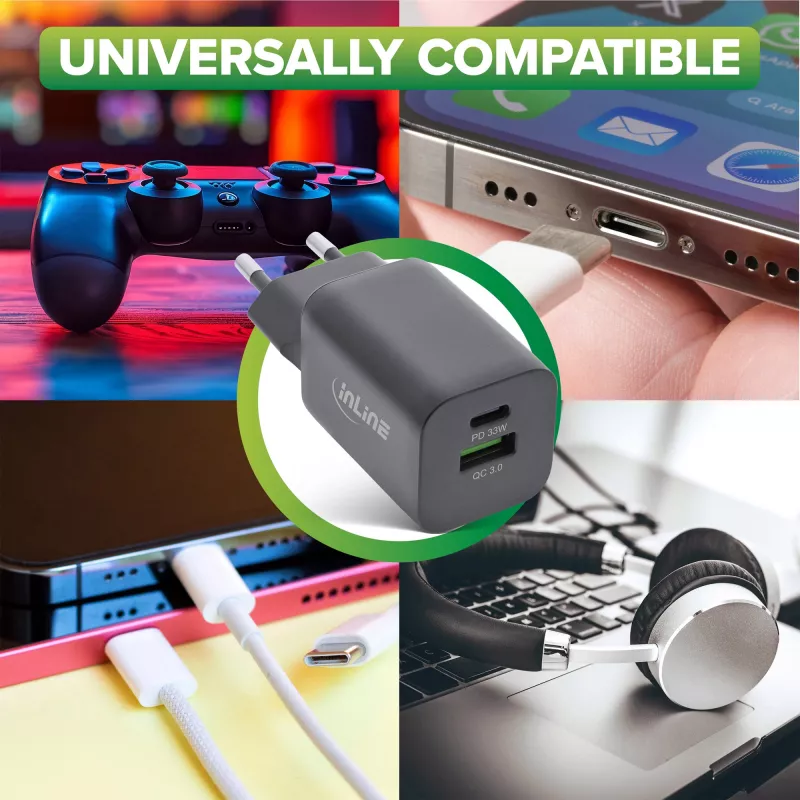 InLine USB maitinimo šaltinis, įkroviklis, USB-A + USB Type-C, 33W, PD + QC