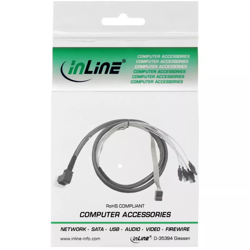 InLine Mini SAS HD kabelis SFF-8643 lenktas į 4x SATA + Sideband 0,5 m