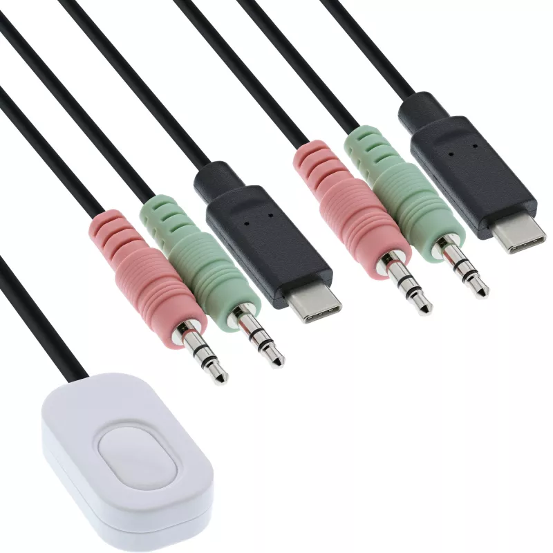 InLine KVM jungiklis, 2 prievadai, USB-C į DisplayPort 1.2, 4K, garsas, integruotas kabelis
