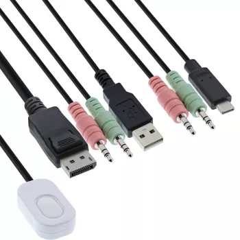 InLine KVM jungiklis, 2 prievadai, USB-C+DP į DisplayPort, 4K, garsas, integruotas kabelis