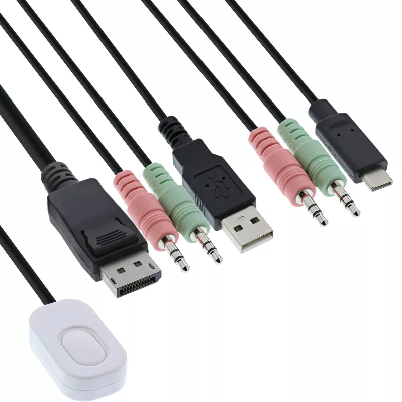InLine KVM jungiklis, 2 prievadai, USB-C+DP į DisplayPort, 4K, garsas, integruotas kabelis