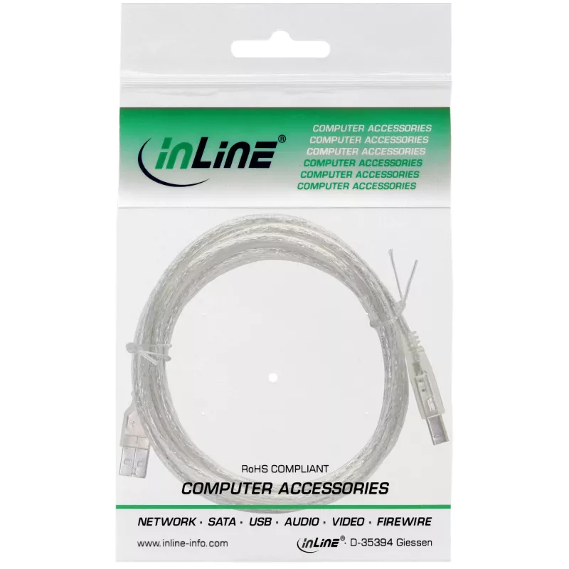 InLine USB 2.0 laidas Type A kištukas / B kištukas, permatomas, 0,3 m