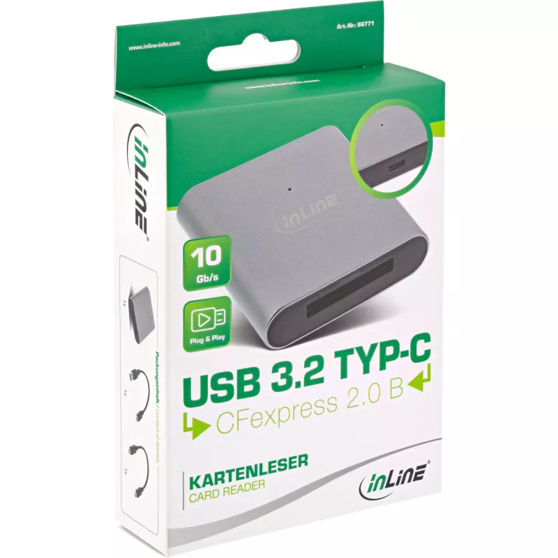 InLine kortelių skaitytuvas USB 3.2 USB-C arba USB-A, skirtas CFexpress tipo B kortelėms