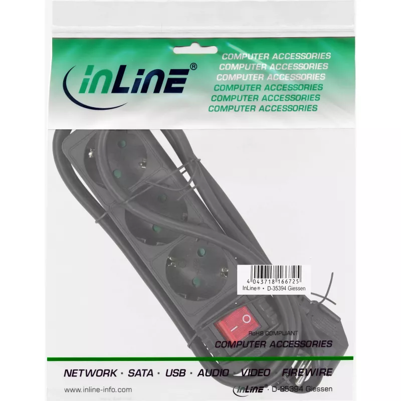 InLine 3-jų lizdų kištukinis lizdas su jungikliu, CEE 7/3, juodas, 3 m