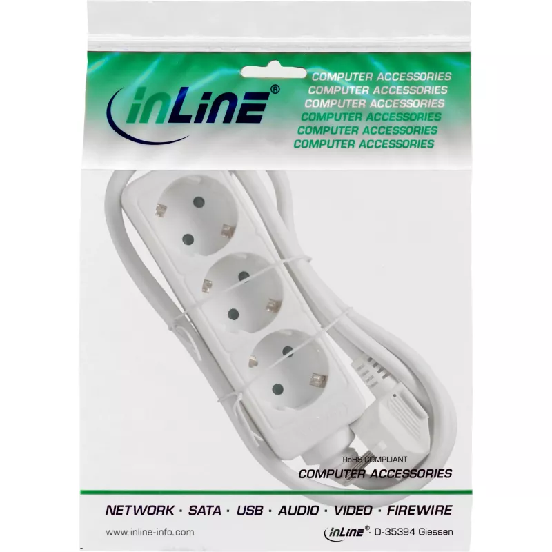 InLine 16433W 3-jungčių kištukinis lizdas su apsauginiu kontaktu CEE 7/3 baltas 3 m
