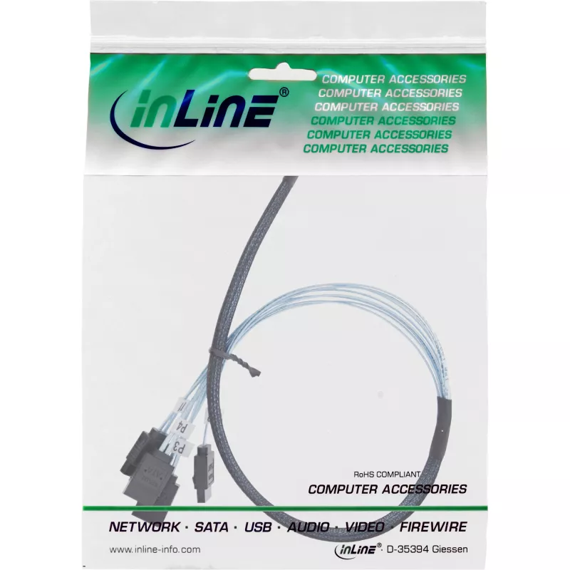 InLine Slim SAS kabelis, SFF-8654 į 4x SATA 7-pin, 12Gb/s, 0,5m
