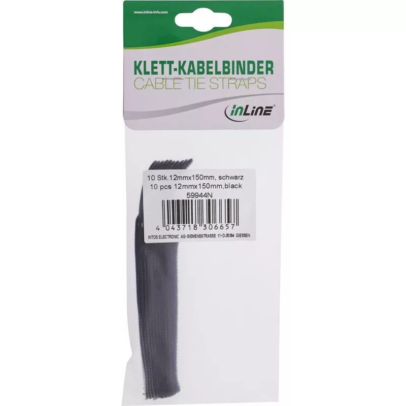 Lipnūs kabelių raišteliai InLine 12×150 mm, 10 vnt, juodi
