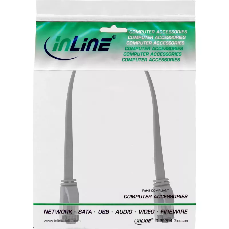 InLine Patch laidas plokščias, U/FTP, Cat.8.1, TPE halogen-free, pilkas, 0,25 m