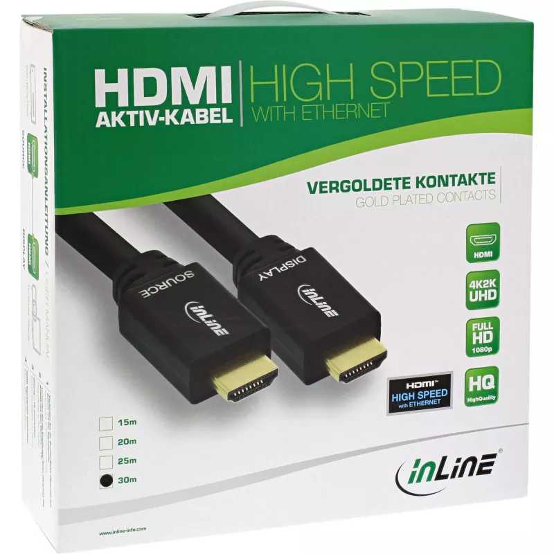 InLine High Speed HDMI laidas su Ethernet, aktyvus, M/M, juodas, paauksuoti kontaktai, 40m