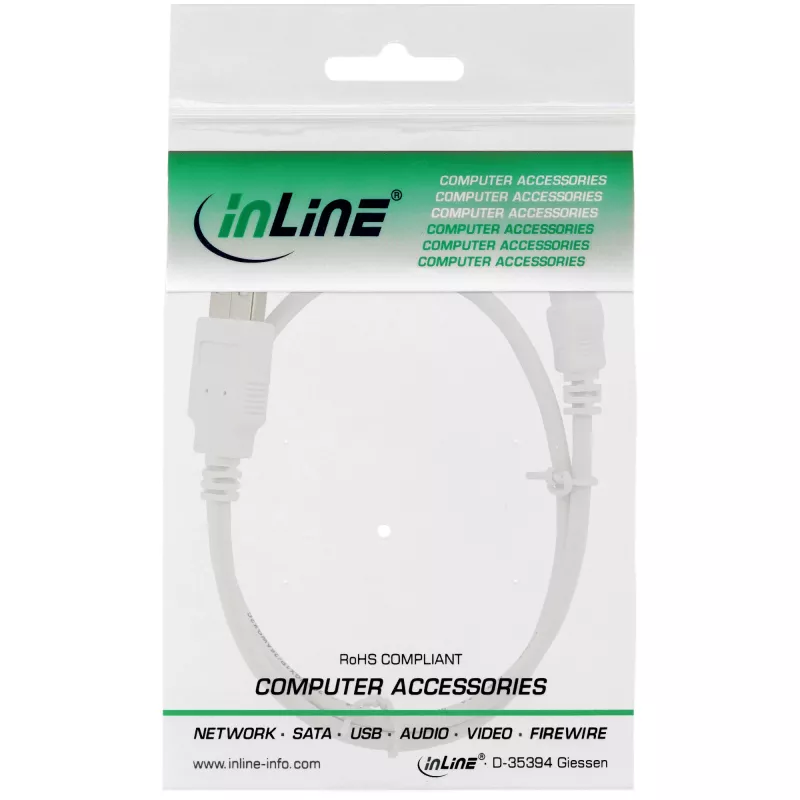 InLine USB 2.0 Mini laidas, A tipo kištukas / mini-B kištukas (5 kontaktų), baltas, 1 m