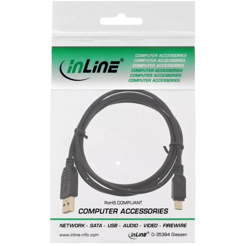 InLine USB 2.0 Mini laidas, A tipo kištukas / mini-B kištukas (5 kontaktų), juodas/auksinis, 1 m
