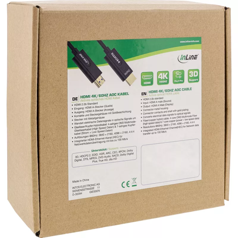 InLine HDMI AOC laidas, High Speed HDMI su Ethernet, 4K/60Hz, M/M 40m