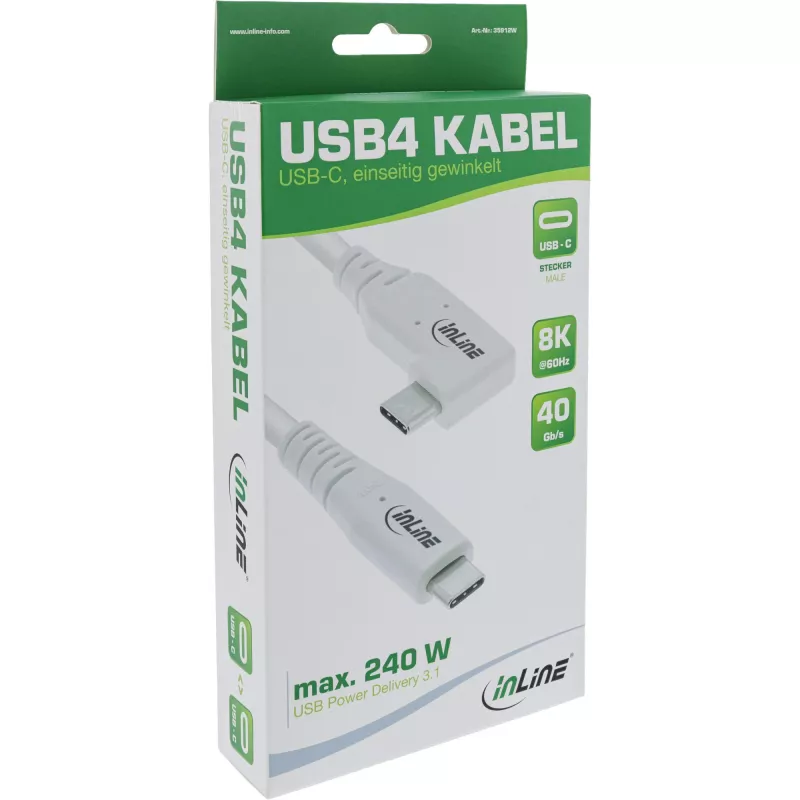 InLine USB4 laidas, USB-C, vienas galas lenktas, PD 240W, 8K60Hz, TPE, baltas, 2m